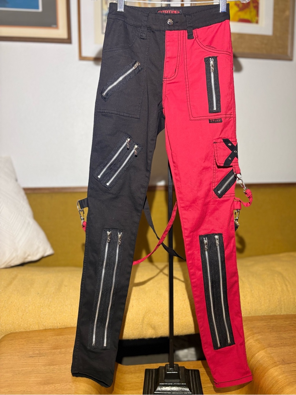 Tripp NYC Split Leg Bondage Pants Black Red Two Tone Punk Goth Unisex size 27